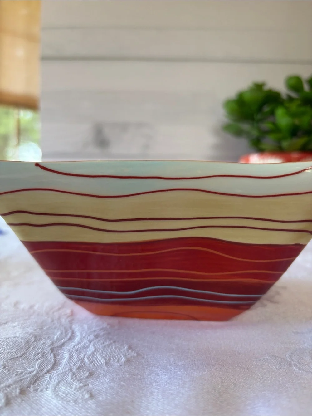Pier 1 Hand-Painted Striped Ceramic Bowls in Warm Tones